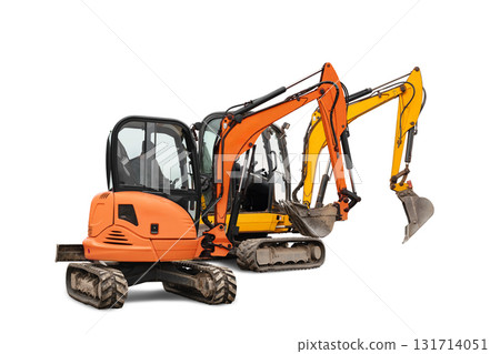 Excavators in bright colors parked on white background ready for construction work 131714051