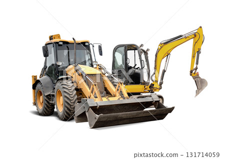 Heavy machinery used for construction work isolated on a white background with a backhoe attachment 131714059
