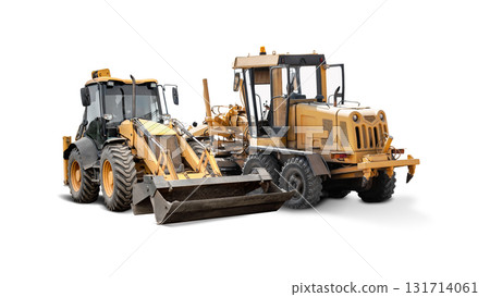 Heavy construction equipment isolated on a white background showcasing versatility and functionality in various projects 131714061