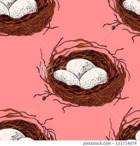 Spring seamless pattern with Bird nest with eggs. Easter hand drawn vector illustration, holiday design 131714074