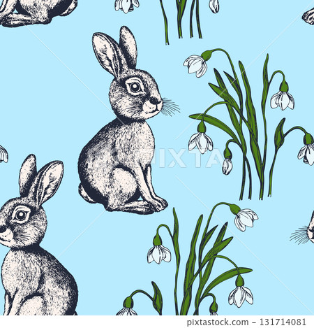 Seamless pattern with silhouette cute bunny, Easter rabbit, hare on color background. Design for card, postcard, wallpaper, fabric, textile. Vector illustration. Cartoon style 131714081