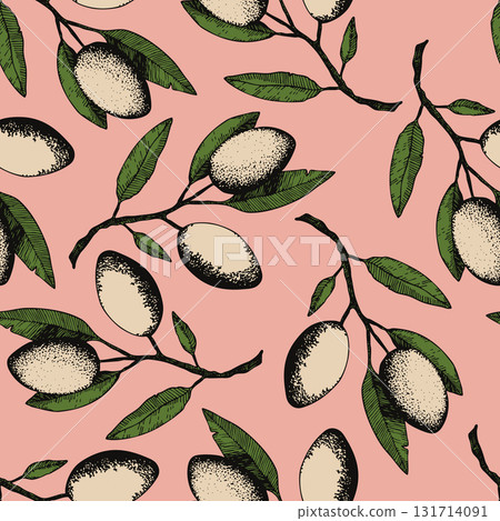 Seamless pattern with olive branch. Ink hand drawn olives background. Botanic plant vector illustration for print, fabric, textile. A sprig of an olive tree with leaves. Food concept Seamless pattern with olive branch. Ink hand drawn olives background. Botanic plant vector illustration for print, fabric, textile. A sprig of an olive tree with leaves. Food concept 131714091