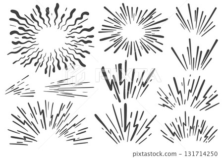 Speed lines effect. Manga vector action radial burst on white background. Cartoon motion graphic elements of power and rays of bomb explosion. 131714250