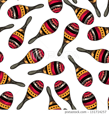 Seamless pattern with Cuban or Mexican maracas. Musical instrument. Wild West, Mexico concept. Vector drawing background for textile, wallpaper, packaging, fabric 131714257