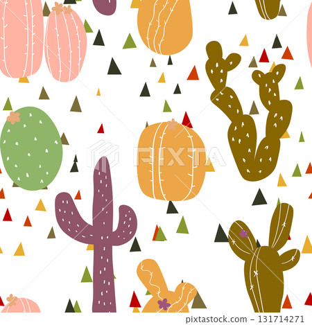 Seamless pattern with cactus with thorns, succulent on color background. Vector drawing illustration for icon, game, packaging, fabric, textile. Wild west, western, cowboy concept Seamless pattern with cactus with thorns, succulent on color background. Vector drawing illustration for icon, game, packaging, fabric, textile. Wild west, western, cowboy concept 131714271
