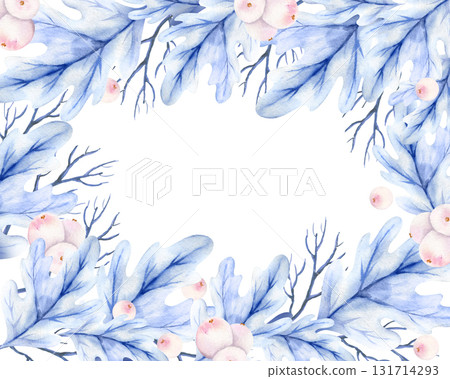 watercolor blue oak leaves, branches, pink berries, winter nature frame, hand drawn sketch of forest seasons decorated, Christmas event, party pattern, botany illustration for card decoration 131714293