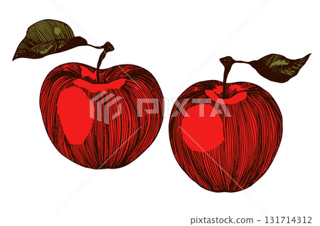 Apple icon isolated sketch. Tattoo apples collection. Template vector illustration for packaging, banner, card and other design. Black and white apples with leaves. Food concept 131714312