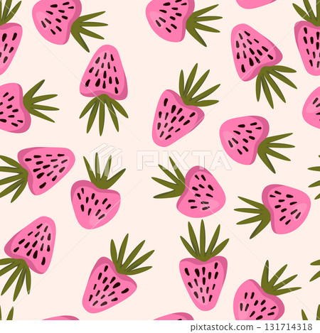 Seamless pattern with strawberry on color background. Natural delicious fresh ripe tasty fruit. Vector illustration for print, fabric, textile, banner, other design. Food concept 131714318