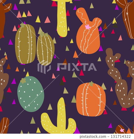 Seamless pattern with cactus with thorns, succulent on color background. Vector drawing illustration for icon, game, packaging, fabric, textile. Wild west, western, cowboy concept 131714322
