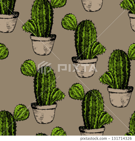 Seamless pattern with cacti, blooming succulent on color background. Vector hand drawn illustration for packaging, fabric, textile. Wild west cactus, western concept 131714326