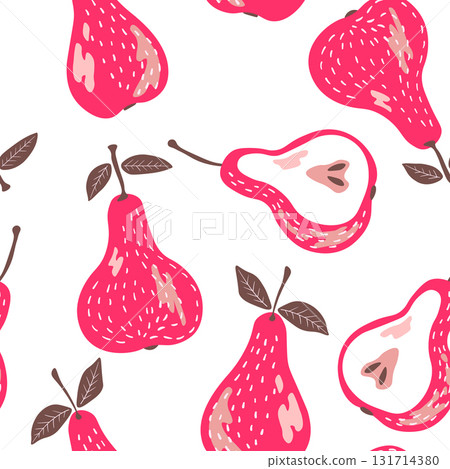 Seamless pattern with pear on color background. Natural delicious fresh ripe tasty fruit. Sweet pears with leaves. Food concept. Vector illustration for print, fabric, textile Seamless pattern with pear on color background. Natural delicious fresh ripe tasty fruit. Sweet pears with leaves. Food concept. Vector illustration for print, fabric, textile 131714380