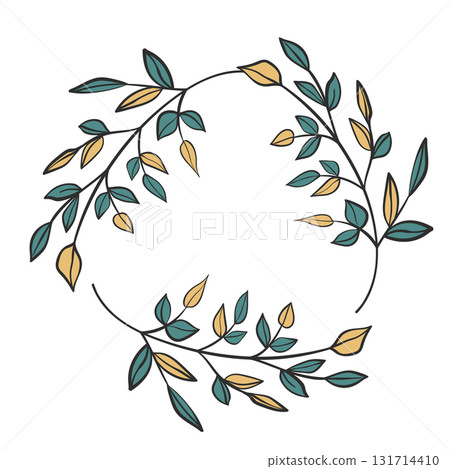 Hand drawn plants, dividers, wreaths, border frames. Circle floral frame with leaves on white background. Vector hand drawn illustration for wallpaper, posters, card. Copy space. Doodle style Hand drawn plants, dividers, wreaths, border frames. Circle floral frame with leaves on white background. Vector hand drawn illustration for wallpaper, posters, card. Copy space. Doodle style 131714410
