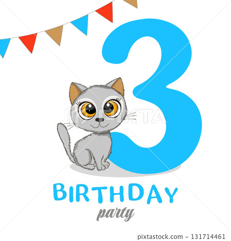 Cute little cat, Third Birthday party, Happy birthday 3 year old. Invitation or greeting card. Vector illustration 131714461