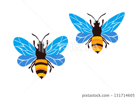 Cartoon bee mascot. Little bee flying. Wasp collection. Vector bumblebee characters. Insect icon. Design template for invitation, card. Doodle style 131714605