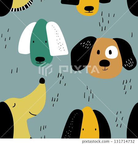 Vector seamless repeating childish pattern with cute dogs in Scandinavian style. Animals background with dog, pets, puppy for invitation, poster, card, flyer, textile, fabric 131714732
