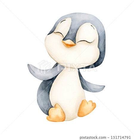 Cute Penguin. Arctic North animal bird. Watercolor hand drawn illustration isolated on white background for winter design Christmas or Valentine card baby textile nursery sticker kids holiday print Cute Penguin. Arctic North animal bird. Watercolor hand drawn illustration isolated on white background for winter design Christmas or Valentine card baby textile nursery sticker kids holiday print 131714791