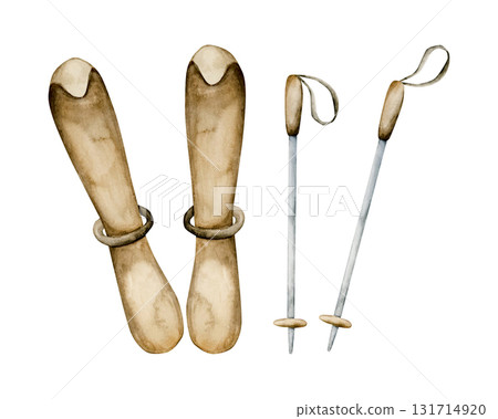 Cute skis with poles. Winter fun sport. Watercolor hand drawn illustration with sledges isolated on white background for cozy snow design Christmas card baby textile nursery sticker kids holiday print 131714920