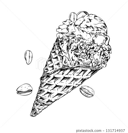 Ice cream gelato scoop in waffle cone sprinkled with crushed pistachio nuts topping. graphic illustration hand drawn in vector ink. Dessert topping art, flavor pairing decor, frozen snack menu insert Ice cream gelato scoop in waffle cone sprinkled with crushed pistachio nuts topping. graphic illustration hand drawn in vector ink. Dessert topping art, flavor pairing decor, frozen snack menu insert 131714937