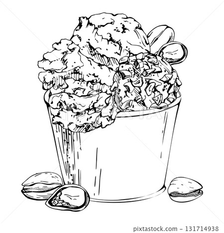 Scoop of gelato ice cream in plain takeaway paper cup with crushed pistachio nuts topping. Vector graphic illustration hand drawn in pen and ink. Summer fair print, sweet snack, street vendor stall Scoop of gelato ice cream in plain takeaway paper cup with crushed pistachio nuts topping. Vector graphic illustration hand drawn in pen and ink. Summer fair print, sweet snack, street vendor stall 131714938