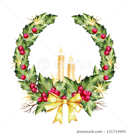 watercolor wreath from holly branches, red berries, green leaves, golden bow, frying candles, brown twig, Christmas symbol, hand drawn sketch, round frame, winter illustration for Christmas decoration 131714945