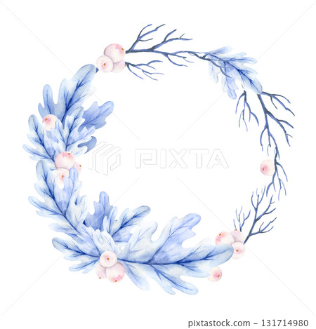 watercolor blue oak leaves, branches, dry twigs, pink berries, winter round wreath, hand drawn sketch of forest seasons decorated, Christmas party wreath, botany illustration for card decoration 131714980