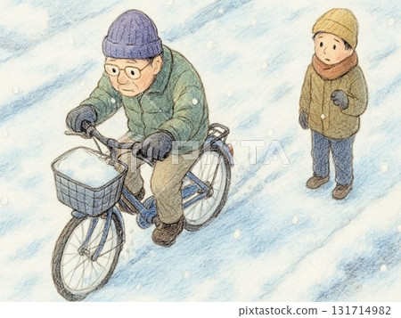 A brave old man who rides his bike even on snowy roads 131714982