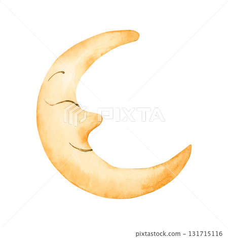 Cute Half Crescent Smile Moon. Landscape element. Watercolor hand drawn illustration isolated on white background for baby nursery kids children design holiday print Ramadan card invitation textile Cute Half Crescent Smile Moon. Landscape element. Watercolor hand drawn illustration isolated on white background for baby nursery kids children design holiday print Ramadan card invitation textile 131715116