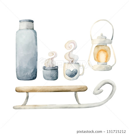 Cute sleigh thermos mug lantern clipart set. Watercolor hand drawn illustration with ice floes isolated on white background for winter design Christmas card baby nursery kids print textile sticker 131715212
