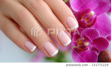french manicure with orchid flowers. french manicure with orchid flowers. 131715229