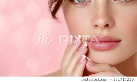 Lip Protection. Closeup of Beautiful Young Woman Healthy Lips. Female Model Mouth With Smooth Perfect Skin And Natural Manicure Touching Her Plush Lips. Lip Care And Beauty. Lip Protection. Closeup of Beautiful Young Woman Healthy Lips. Female Model Mouth With Smooth Perfect Skin And Natural Manicure Touching Her Plush Lips. Lip Care And Beauty. 131715230