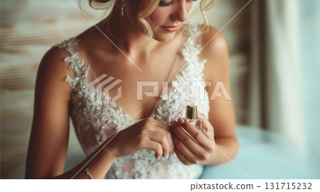 bride applying perfume on her wrist 131715232