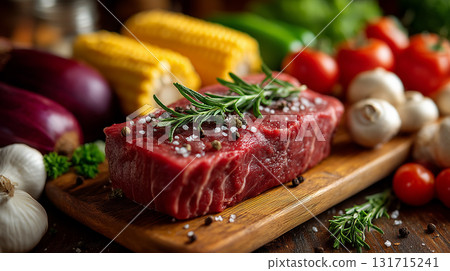 Juicy raw steak on a wooden board next to fresh vegetables. Grill set 131715241