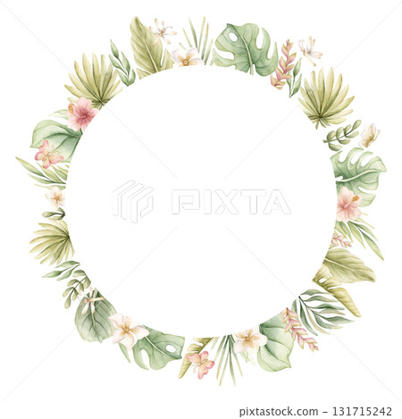 Monstera Palm Leaves Hibiscus Plumeria Flowers. Tropical Exotic wreath. Watercolor hand painted summer pastel neutral isolated illustration on white background for nursery kids baby card logo label 131715242