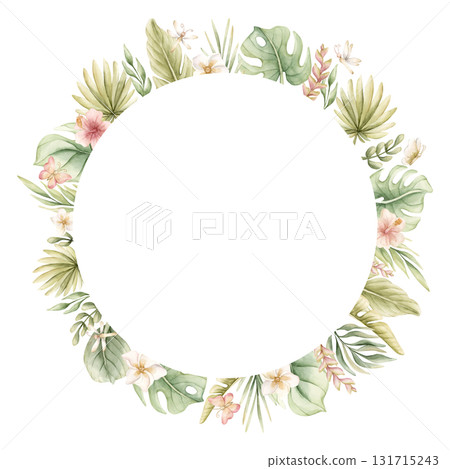 Monstera Palm Leaves Hibiscus Plumeria Flowers. Tropical Exotic wreath. Watercolor hand painted summer pastel neutral isolated illustration on white background for nursery kids baby card logo label 131715243