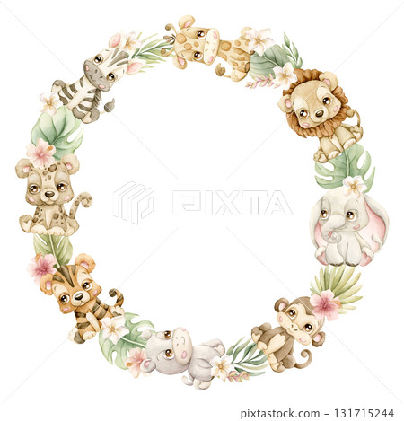 Cute Animals Plants Wreath. Safari Jungle Tropical Exotic Flower leaves Watercolor hand painted summer pastel neutral isolated illustration on white background for nursery kids baby card logo label 131715244