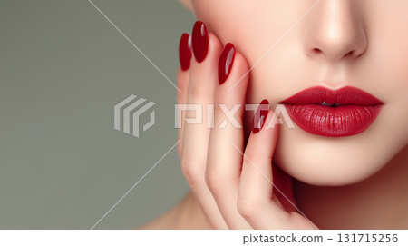 Beautiful girl with a classic make up and red nails. Manicure design. Beauty face. 131715256