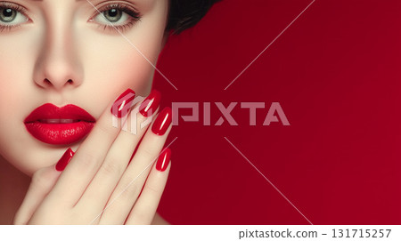 Beautiful girl with a classic make up and red nails. Manicure design. Beauty face. 131715257