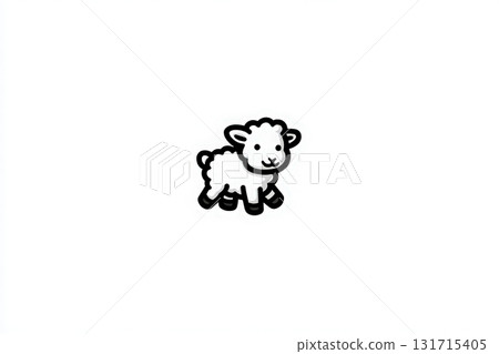 A small, cartoon-style sheep is playfully walking across a plain white background. Its design is simple, featuring a fluffy body and a cheerful face. The sheep adds a whimsical touch. 131715405