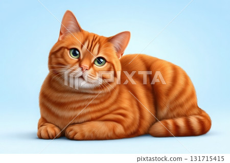 A fluffy orange cat with striking green eyes lies comfortably on a light blue surface. Its fur is well-groomed and features distinct stripes, creating an adorable appearance. 131715415
