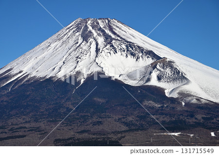 Mount Fuji and the Hoei crater covered in snow from the flat land of Mount Echizen in the Ashitaka Mountains Mount Fuji and the Hoei crater covered in snow from the flat land of Mount Echizen in the Ashitaka Mountains 131715549