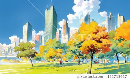 Blue sky and cityscape watercolor illustration Contrast of park and building 131715617