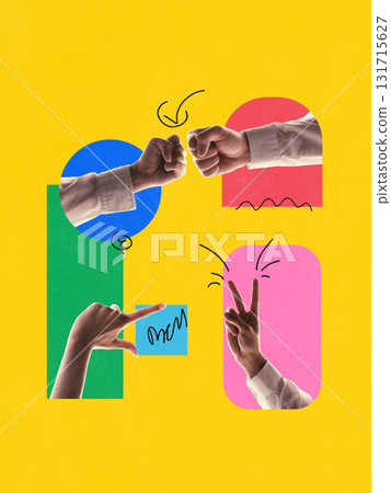 Creative teamwork gesture with colorful geometric composition Creative teamwork gesture with colorful geometric composition 131715627