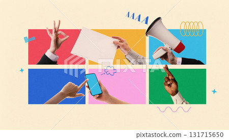 Colorful digital collage with hands holding phone, paper, and megaphone in creative layout 131715650