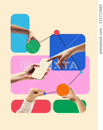 Graphic composition. Hands holding smartphone and colorful geometric shapes in digital connection concept Graphic composition. Hands holding smartphone and colorful geometric shapes in digital connection concept 131715665