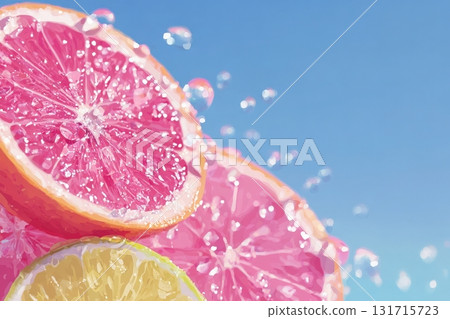 Sliced pink grapefruit and lemon display vibrant colors while water droplets splash around them. The clear blue sky creates a cheerful summer atmosphere, highlighting the freshness of the fruit. 131715723