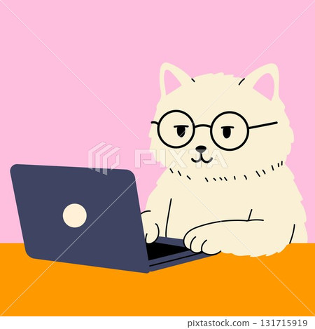 Cartoon Cat Typing on Laptop with Calm Expression 131715919