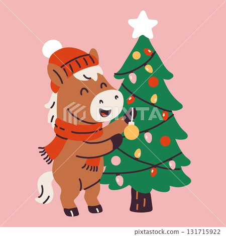 Cute Cartoon Horse Decorating Christmas Tree Cute Cartoon Horse Decorating Christmas Tree 131715922