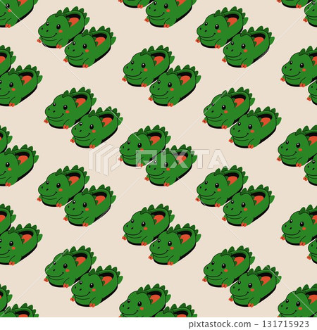 Seamless Pattern of Cute Green Dinosaur Slippers Seamless Pattern of Cute Green Dinosaur Slippers 131715923