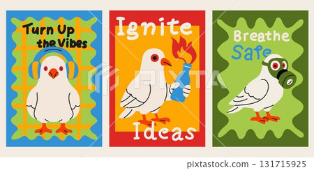 Bold Cartoon Pigeon Posters with Headphones, Fire, and Gas Mask 131715925