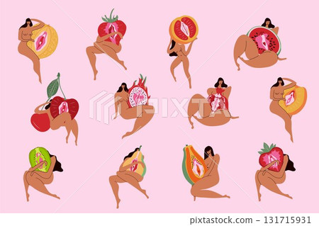 Bold Feminist Artwork with Nude Women and Fruity Motifs 131715931